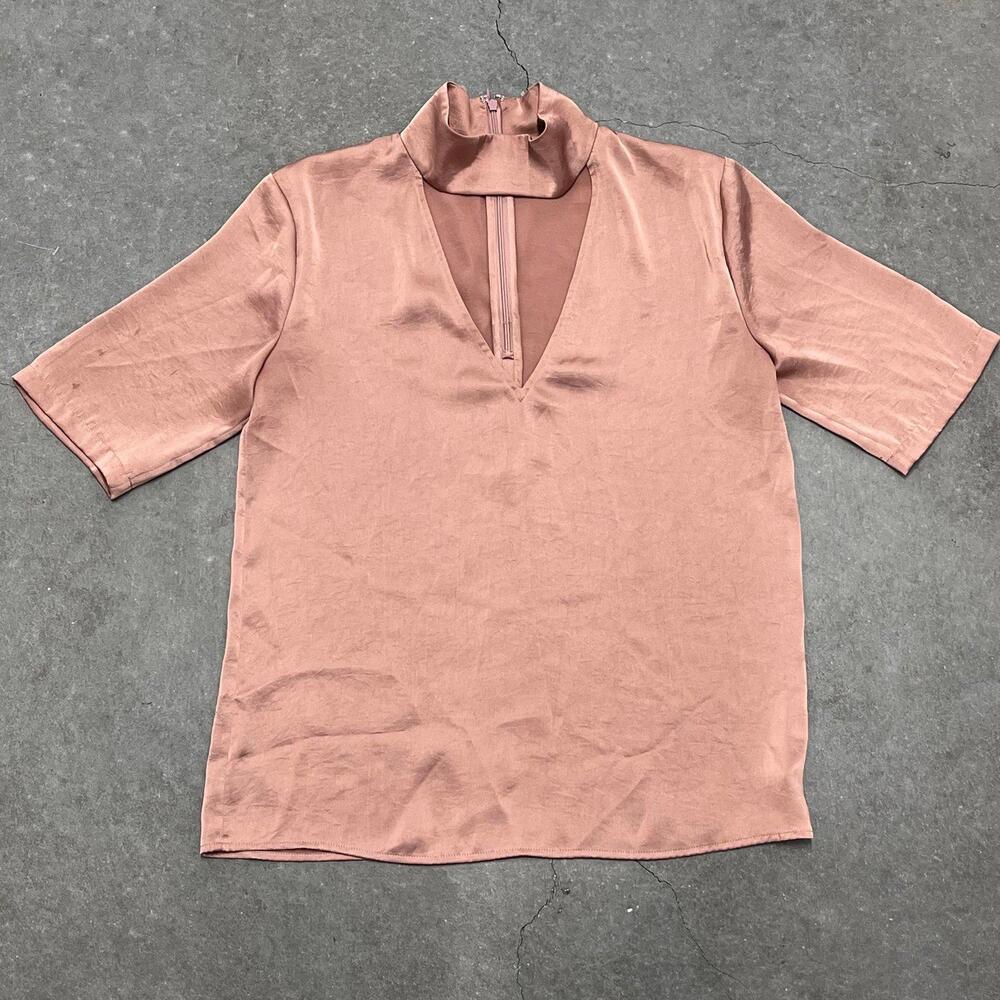 Theory Slit Collar V-Neck Satin Pink Blouse